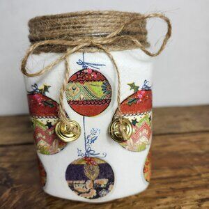Christmas Wishes Ornament Pattern Glass Jar and Lid, Jingle Bells Twine Accents